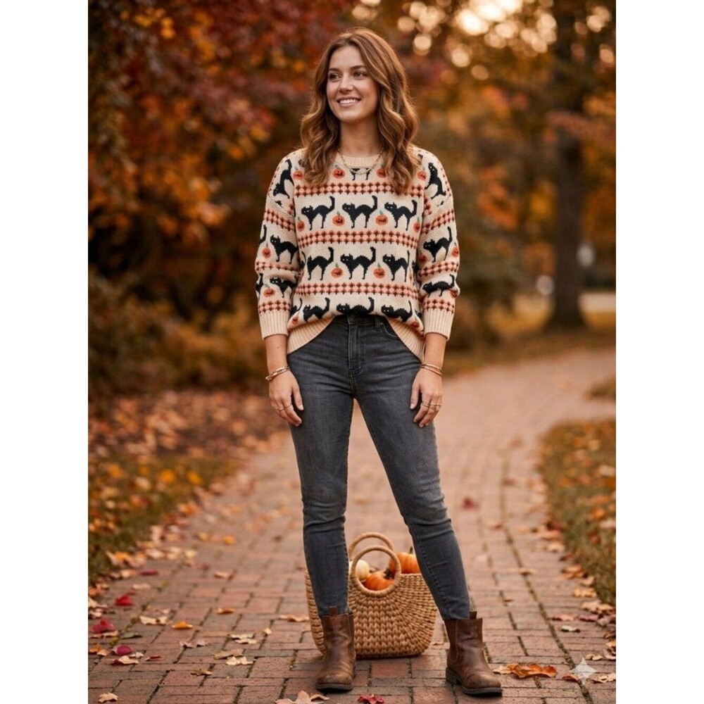 Halloween Sweater XL Black Cat Pumpkin Jack O Lantern Cream Knit Pullover